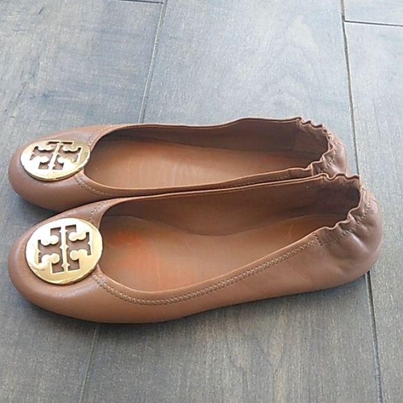 TORY BURCH TAN LEATHER GOLD LOGO BALLET FLATS WOMANS 10 - Picture 2 of 9